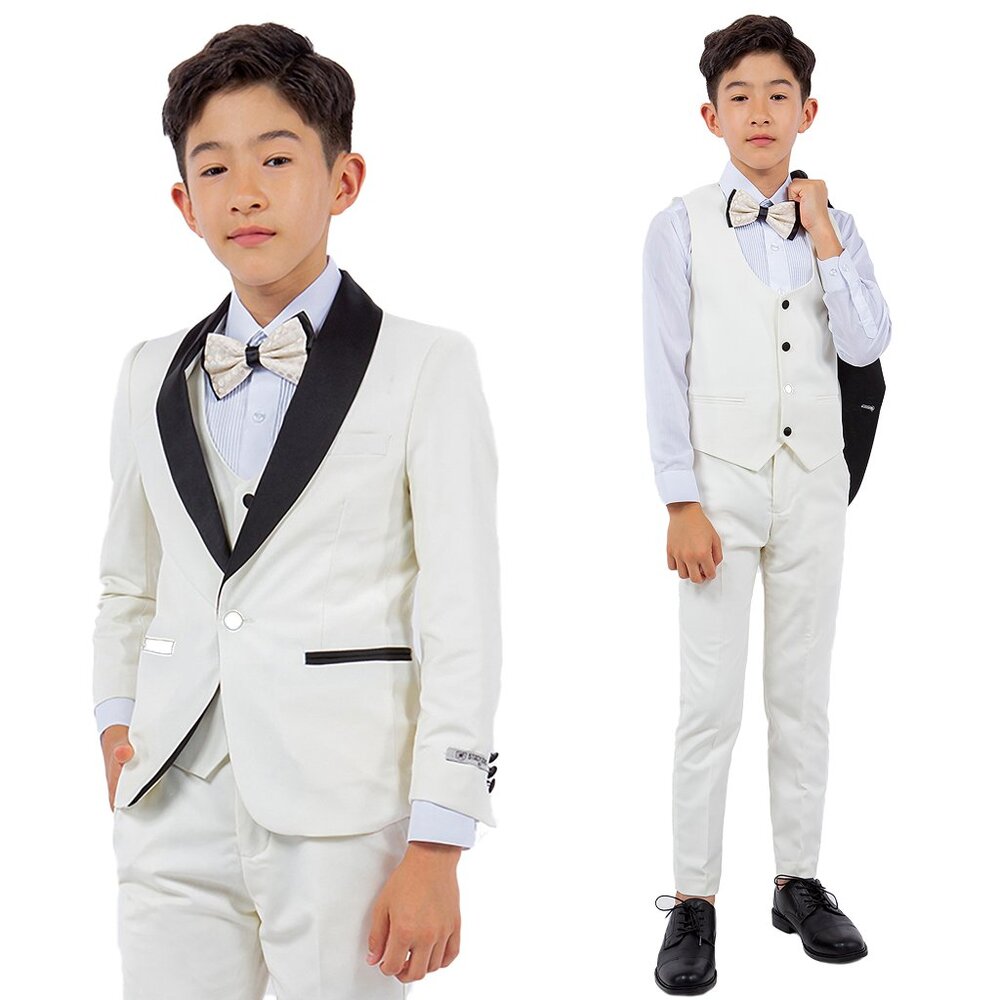 Stacy Adams Boys Ivory Tuxedo Set, 5-Piece Black Shawl Collar